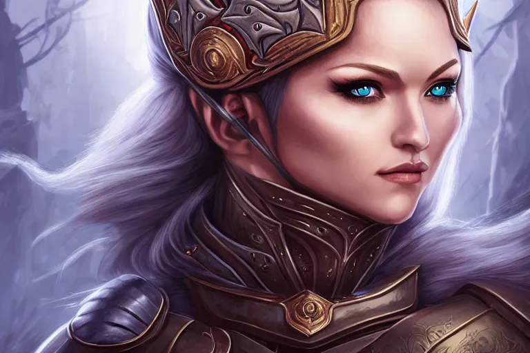 Image similar to head and shoulders portrait of an eldritch knight, elf, beautiful, female, breastplate, magical, high fantasy, d & d, by artgerm, face details, extremely detailed, digital illustration