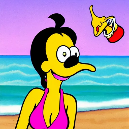 Image similar to leela from futurama making a bikini selfie with a shy donald duck at the beach, painting matt groening, don rosa, trending on artstation