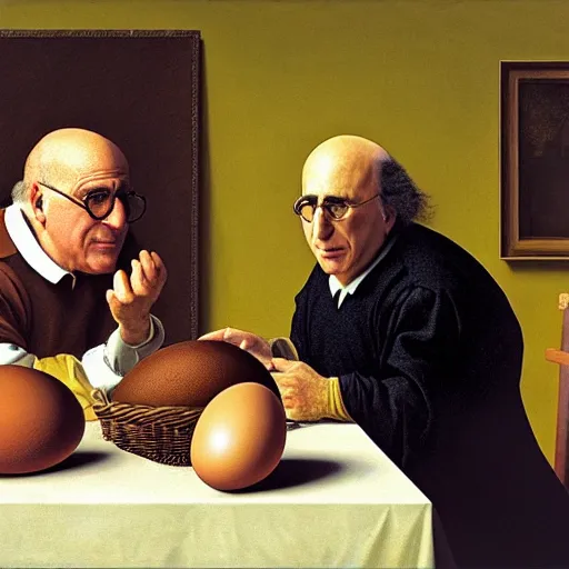 Prompt: danny devito and larry david fighting over a chair shaped like an egg, renaissance still life painting, masterpiece, realistic light and shadow, in the style of vermeer, highly detailed, photorealism