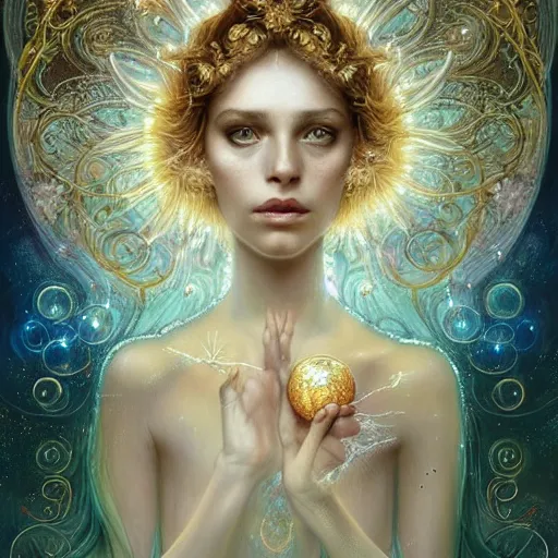 Image similar to Beautiful Delicate Detailed portrait of sun summer woman, With Magical golden eyes by Tom Bagshaw, Bastien Lecouffe Deharme, Erik Johansson, Amanda Sage, Alex Grey, Alphonse Mucha, Harry Clarke, Josephine Wall and Pino Daeni, Delicate winter frozen creature With long golden Hair and Magical Sparkling Eyes, Magic Particles; Magic Swirls, in a out of this world magical summer landscape, 4K; 64 megapixels; 8K resolution concept art; detailed painting; digital illustration; hyperrealism; trending on Artstation; Unreal Engine Photorealistic, lifelike, Unreal Engine, sharp, sharpness, detailed, 8K