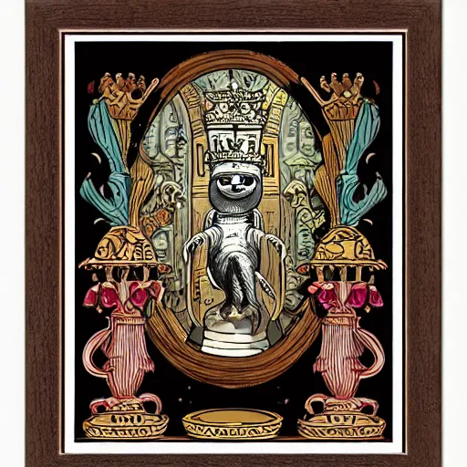 Image similar to sloth as the king of cups, framed, intricate details, medieval art style, high contrast, posterized