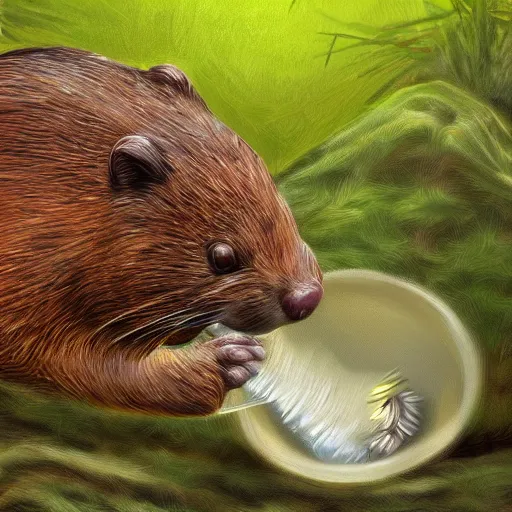 Image similar to digital painting of a beaver spitting seeds into a bucket, detailed, glow,