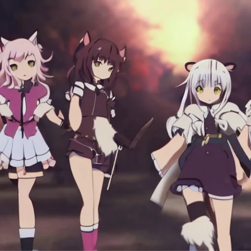 Image similar to “group of catgirls playing together, anime film still. Rise Of The Catgirls(2020)”