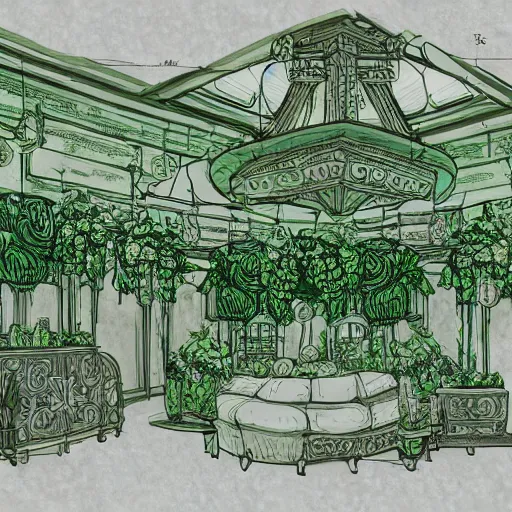 Prompt: annotated highly, detailed and intricate, sketch of a room full of green plants, marker concept art style rendering, concept art, half blueprint, trending on artstation, intricate details, center frame, annotations