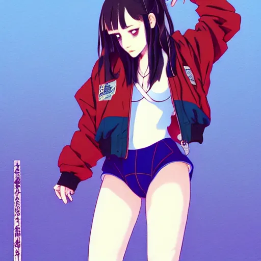 Image similar to a beautiful boyish kat dennings alluring gravure model, wearing oversized mayan bomber jacket and leotard with overalls, bulky poofy aztec native style bomber jacket with mayan patterns, gapmoe yandere grimdark, trending on pixiv fanbox, painted by greg rutkowski makoto shinkai takashi takeuchi studio ghibli, akihiko yoshida