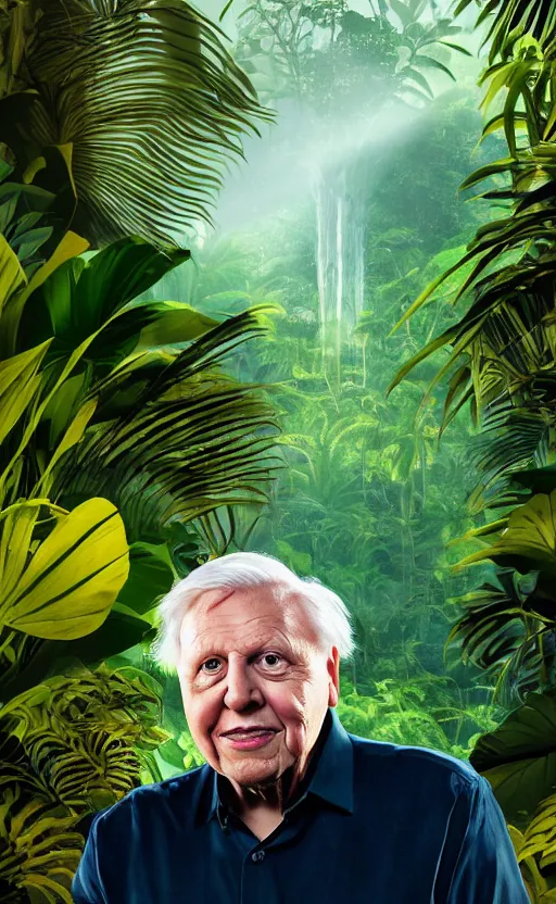 Image similar to Portrait of Sir David Attenborough with a lush tropical jungle in the background, splash art, movie still, cinematic lighting, dramatic, octane render, long lens, shallow depth of field, bokeh, anamorphic lens flare, 8k, hyper detailed, 35mm film grain