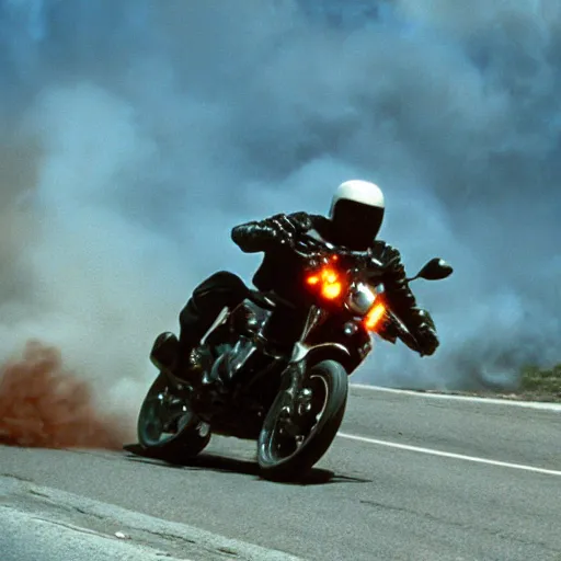 Image similar to film still from the 'Epic Action Movie' (1995). Exciting action scene of a motorcycle and explosions. Sigma 85mm f/8