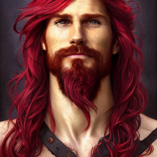 Image similar to portrait of a young ruggedly handsome but joyful pirate, male, muscular, masculine, upper body, red crimson crimson deep red hair, long long flowing hair, fantasy, proud smirk, intricate, elegant, highly detailed, digital painting, artstation, concept art, matte, sharp focus, illustration, art by artgerm and greg rutkowski and alphonse mucha