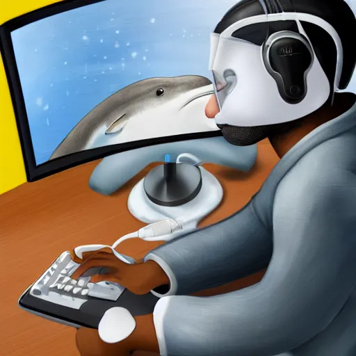 Image similar to An anthropomorphic grey dolphin wearing a white lab-coat and playing games on a computer, digital painting, close-up, wearing a headset