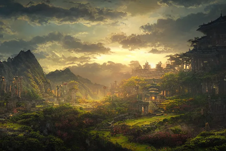 Image similar to cinematic lighting fantasy painting, an ancient land, sunset and ominous shadows over the kingdom, valleys and farmland and villages, brutalist shiro himeji rivendell palace, garden of eden by jessica rossier