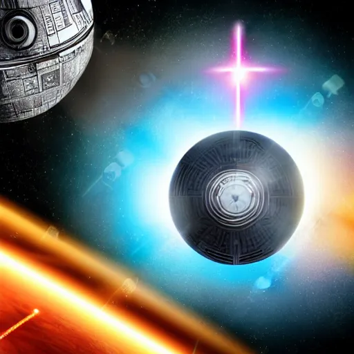 Image similar to A smartphone in place of the deathstar shooting a lazer at a far off planet, space in background, spectral ambiance, Cinecolor, Starburst, Nightlight effect, Storybook Illustration