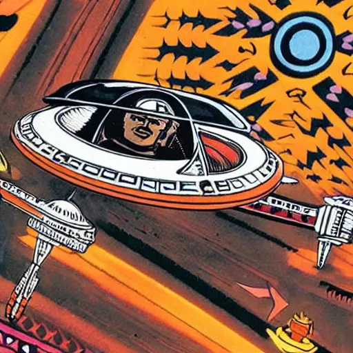 Prompt: aztec art of dan akroyd piloting a ufo, national geographic, history channel