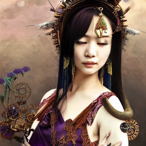 Prompt: photorealistic soft paint of absurdities and curiosities, single very beautiful asian princess full long dress, ultra deep fog, purple black lustrous thin haircut, partial symmetry accurate features, focus, very intricate ultrafine details, award winning masterpiece, steampunk world, rudolf freund