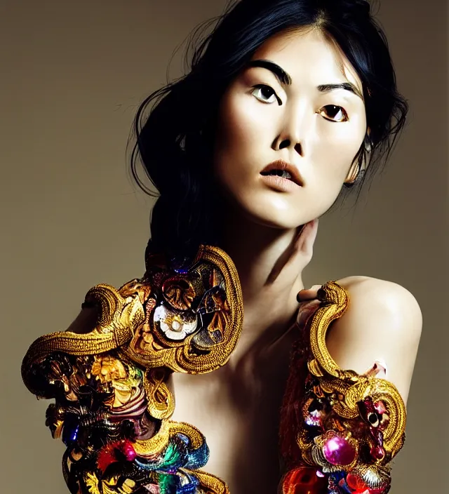 Image similar to face portrait of liu wen. great hair style, half in shadow, natural pose, natural lighing, rim lighting, wearing ornate stunning cloth created by iris van herpen, with a colorfull makeup, highly detailed, skin grain detail, photography by paolo roversi