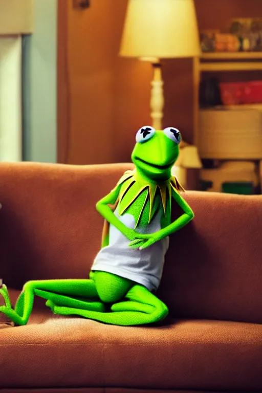 Image similar to candid photo of kermit the frog sitting on the couch hitting a bong, kermit the frog in ted ( 2 0 1 2 ) bong scene, kermit the frog using a bong, kermit smoking weed, bong rip, high resolution photo, trending on artstation, interior design,