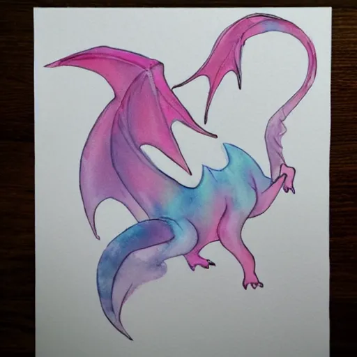 Prompt: mystical pastel dragon, minimalist watercolor on white paper, cute