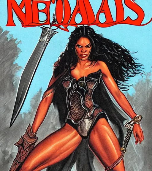 Prompt: 1 9 8 0 s fantasy novel book cover, rosario dawson in extremely tight bikini armor wielding a cartoonishly large sword, exaggerated body features, dark and smoky background, low quality print