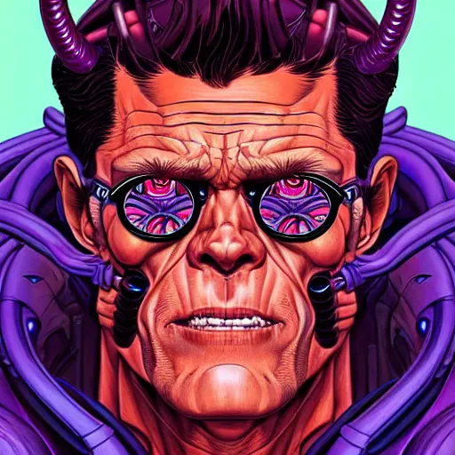 Image similar to portrait painting of a cyberpunk muscular willem dafoe with big horns, sharp focus, award - winning, trending on artstation, masterpiece, highly detailed, intricate. art by josan gonzales and moebius and deathburger