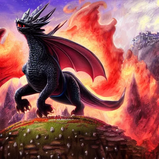 Prompt: Super Mario riding a flying black dragon roaring fire, high fantasy, hundreds of red and white spotted Mushrooms in background 4k, landscape, in the style of John Howe