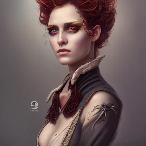 Prompt: tom bagshaw portrait, very beautiful pirate in a full dress and long thin lustrous auburn hair, curiosities, professionally retouched, focus eyes, ultra realistic soft painting, insanely detailed linework, symmetrical accurate intricate features, behance, 8 k