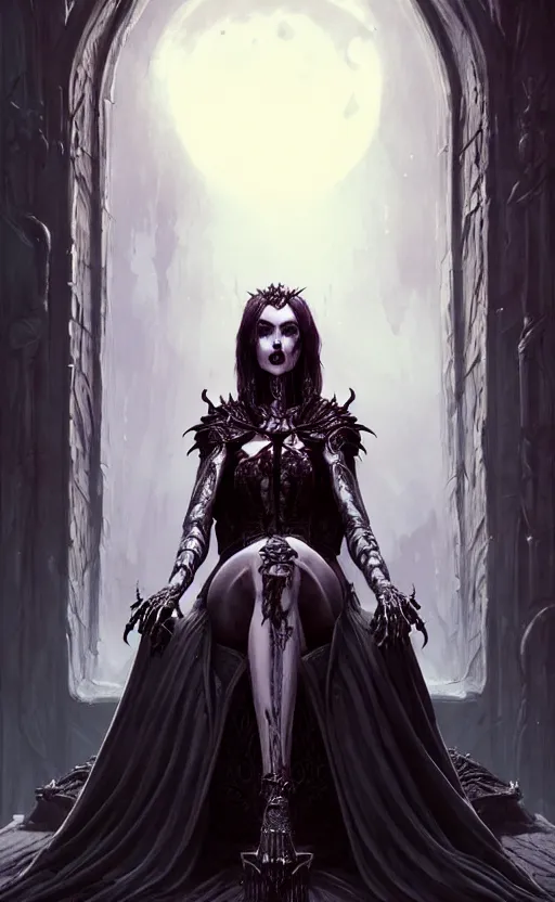 Prompt: desirable Vampire woman sitting on a skull throne with undead knights around her, fantasy, intricate, elegant, highly detailed, digital painting, artstation, concept art, matte, sharp focus, illustration, art by artgerm and Greg Rutkowski, dreadjim, zeen chin