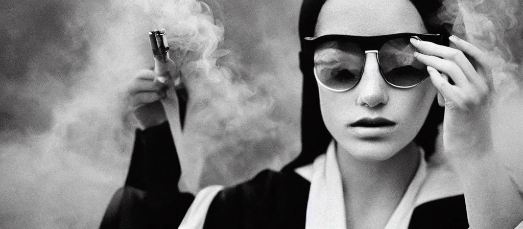 Prompt: Extreme Close-Up (ECU) vintage black and white portrait photo of a beautiful young woman dressing in white robes, wearing black sunglasses, smoking a cigarette in the field, cinematic lighting, cinematic composition, cinematic atmosphere, misty foggy. Vogue photography Sigma 85mm f/5-6.3 lens, portrait winning photograph