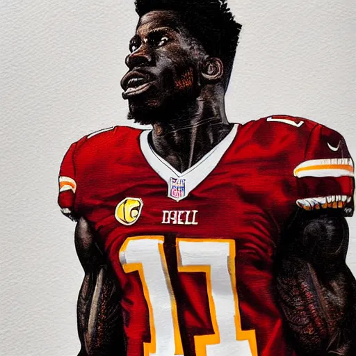 Image similar to portrait of tyreek hill, determined, great detail, looking to the sky, superbowl