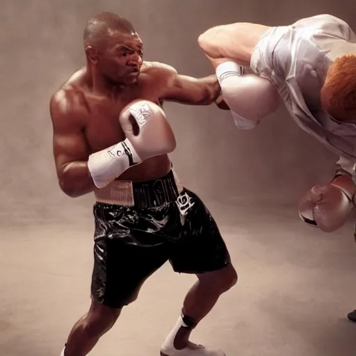 Image similar to a beautiful medium - shot of mike tyson punching to blood fat donald trump, beautiful soft light, sport photography, fast shutter speed, by annie leibovitz