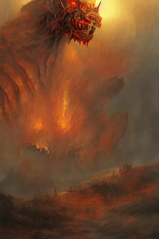 Image similar to oimmortal beast from chinese mythology, deamland of concept art, fall of the ancien regime, medieval cityscape with darker skies and fires, ghibli, photorealistic, digital studio art, beksinski