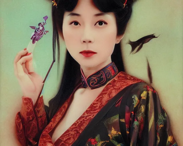 Image similar to photography of yung mei - ling, a hong kong famous actress during the early 1 9 8 0 s, dressed as dongfang bubai, deep focus, d & d, fantasy, intricate, elegant, highly detailed, digital painting, artstation, concept art, matte, sharp focus, illustration, hearthstone, art by artgerm and greg rutkowski and alphonse mucha