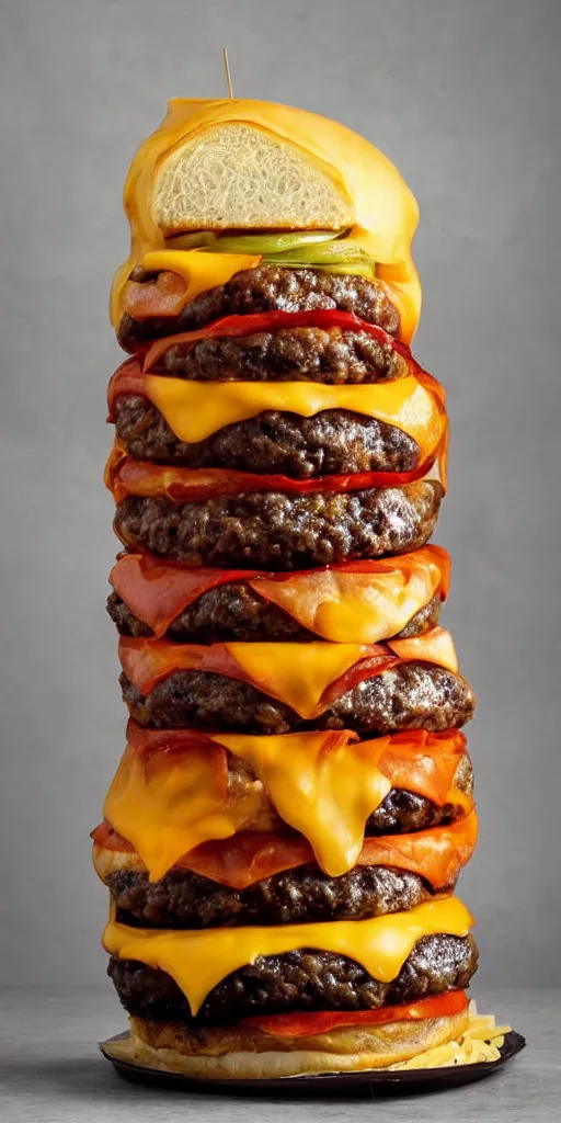 Image similar to a cheeseburger tower made of gigantic stacks of meat patties and cheese slices with a bun on each side, delicious looking burger - stack - tower