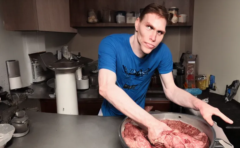 Image similar to jerma putting an arm in a meat grinder