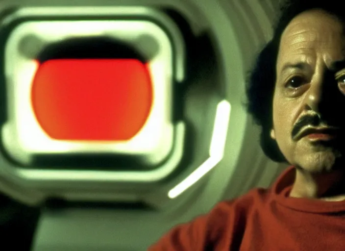 Prompt: film still of young old Cheech Marin as Dr. Dave Bowman with HAL 9000 glowing red in the background in 2001 A Space Odyssey