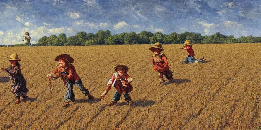 Prompt: The children of scarecrow playing in full ripened fields by James Gurney