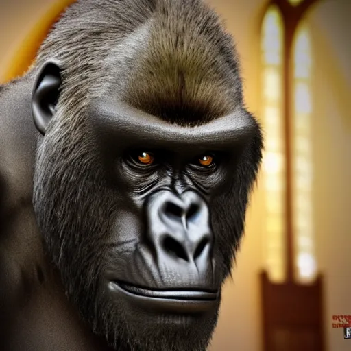 Image similar to big gorilla man terroizing church, 8k cinematic lighting, very sharp detail, anatomically correct