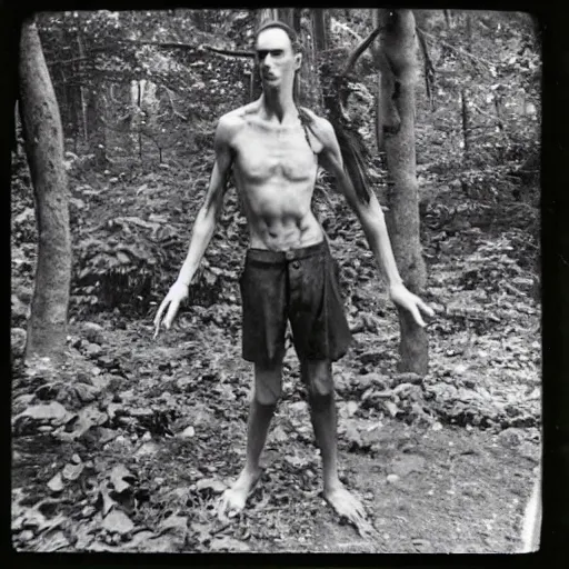 Prompt: A mysterious sighting of a hybrid of Asmongold and Gollum in the forest. 1950s photograph.