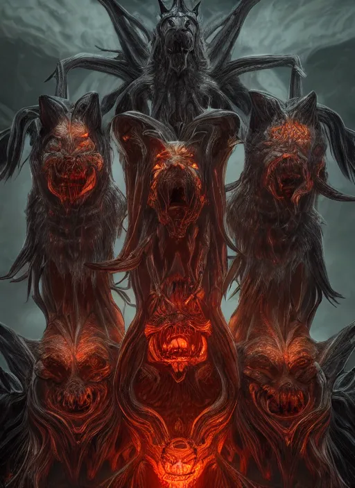 Image similar to three headed hellhound, ultra detailed fantasy, elden ring, realistic, dnd character portrait, full body, dnd, rpg, lotr game design fanart by concept art, behance hd, artstation, deviantart, global illumination radiating a glowing aura global illumination ray tracing hdr render in unreal engine 5