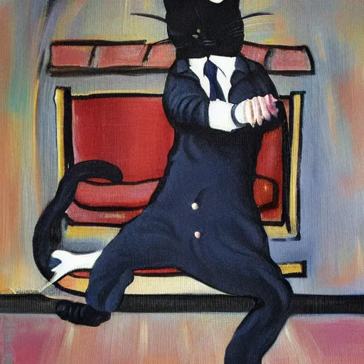 Prompt: a painting of a hasidic humanoid cat doing breakdance for money by miyazaki