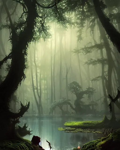 Image similar to a dark magical pond surrounded by a dense forest of enormous trees, deep focus, d & d, fantasy, intricate, elegant, highly detailed, digital painting, artstation, concept art, matte, sharp focus, illustration, hearthstone, art by greg rutkowski and alphonse mucha and andreas rocha