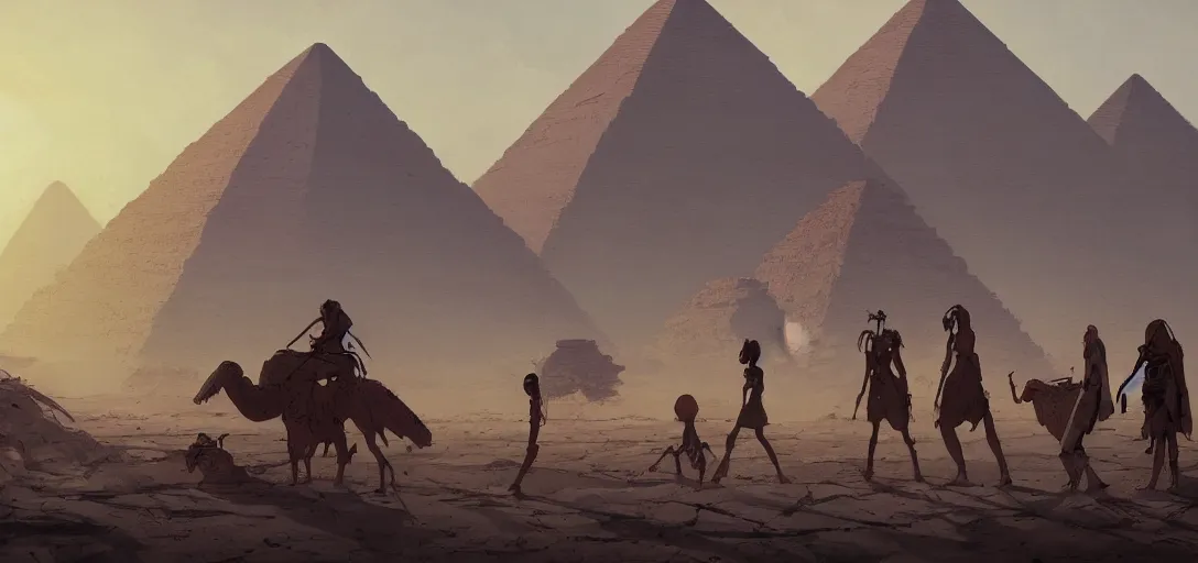 Image similar to egyptian landscape, desert, zombies, by studio ghibli and greg rutkowski,