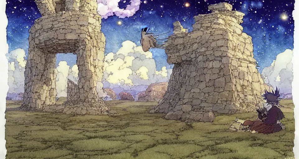 Image similar to hyperrealist studio ghibli watercolor fantasy concept art of a giant from howl's moving castle sitting on stonehenge like a chair. it is a misty starry night. by rebecca guay, michael kaluta, charles vess