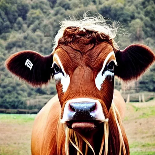 Image similar to a beautiful cow with long blond curly hair on his head