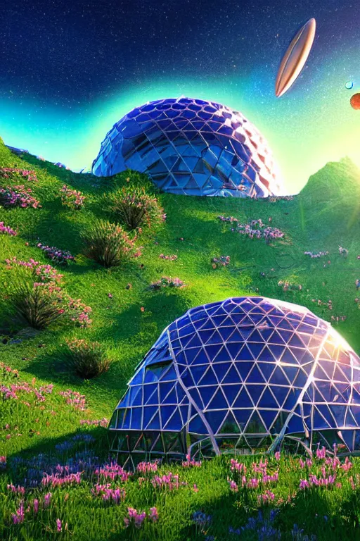 Prompt: detailed nacreous hard shell geodesic dome spacecraft in a picturesque mountain meadow. mathias kollros mark winters villeneuve lie setiawan lius lasahido manuel castanon. portrait vivid intricate vibrant elaborate inks unreal engine render.