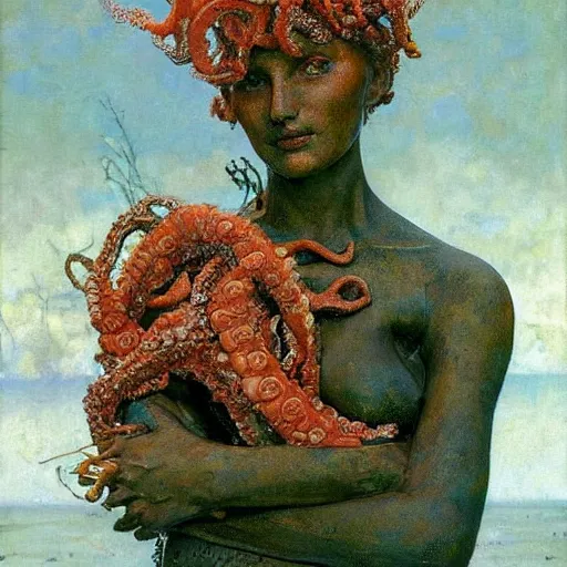 Image similar to a sculpture portrait made of seaweed and coral and shells and octopus, painting part by wojciech siudmak, part by ilya repin, part by max ernst, part by norman rockwell, artstation