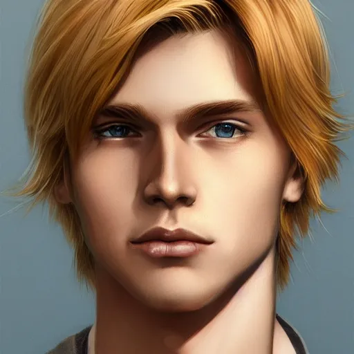 Prompt: a young blond man with long hair wearing a brown shirt, a character portrait by lydia field emmet, trending on cg society, photorealism, wiccan, handsome, ilya kuvshinov