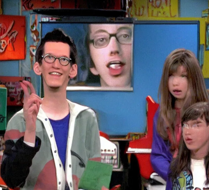 Prompt: a screenshot of neil cicierega introducing himself to the viewers in icarly ( 2 0 0 9 ), vhs quality, low quality