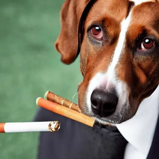 Image similar to a high detail closeup photograph of a dog wearing a suit 👔,and smoking a cigarrette🚬, award wining photograph