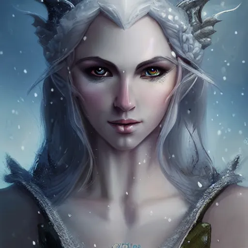 Image similar to a high fantasy portrait of a snow elf, semi - realism, very beautiful, very attractive, high quality, digital art, trending on artstation