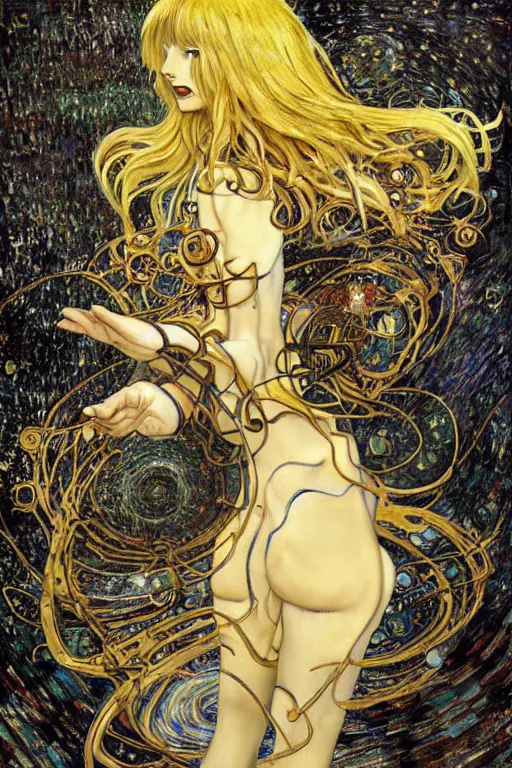 Image similar to Kirisame Marisa from touhou, official artwork, by Karol Bak, Jean Deville, Gustav Klimt, and Vincent Van Gogh, Surreality, otherworldly, fractal structures, arcane, ornate gilded medieval icon, spirals