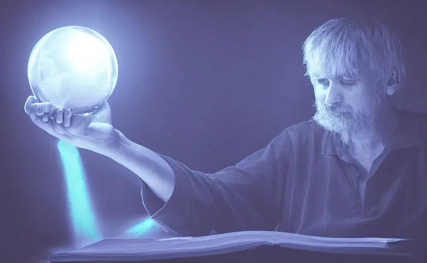 Prompt: wizard seated in dimly lit study, holding hand over a crystal ball, crystal ball glowing blue